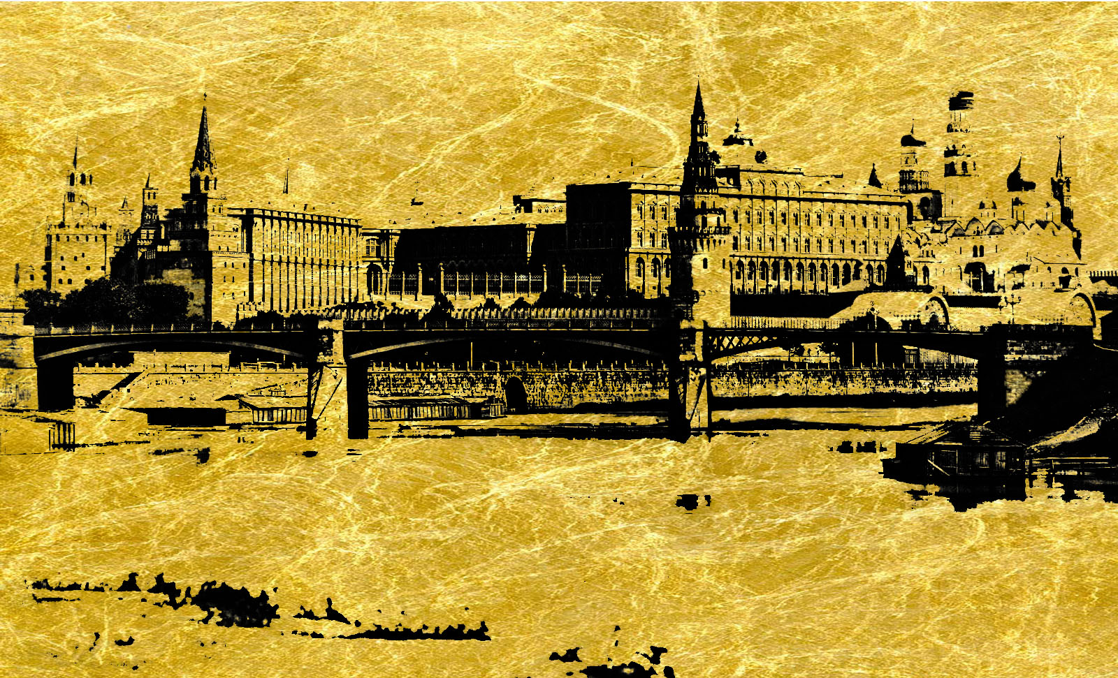 Москва Вид на Кремлёвскую стену  - картина из сусального золота